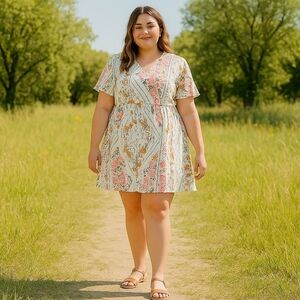 ROOLEE White Floral Print V-Neck Short Sleeve Dress 3X